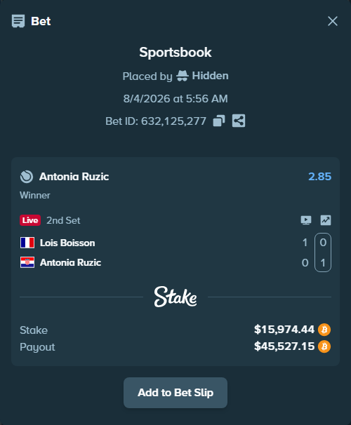 Bet slip: Lois Boisson - Antonia Ruzic, $16,081.00 stake at 2.85 odds, placed by Hidden