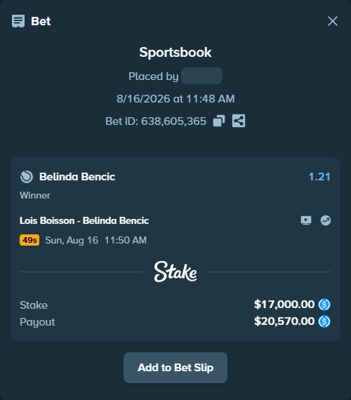 Bet slip: Lois Boisson - Belinda Bencic, $17,000.00 stake at 1.21 odds, placed by Schrotterbeck
