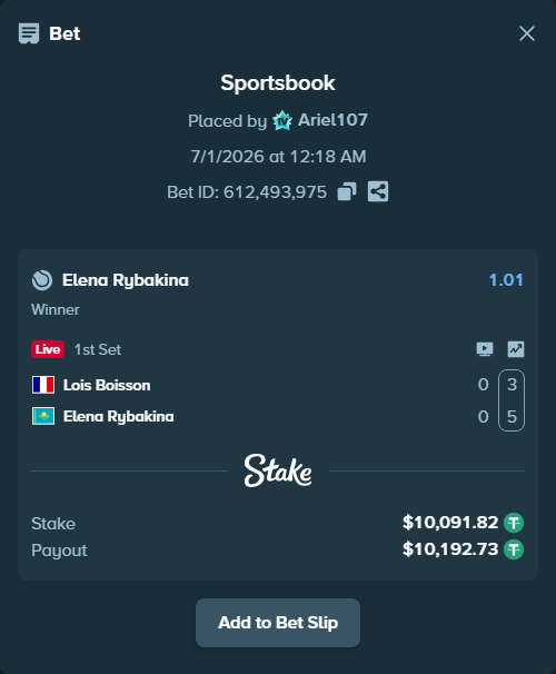 Bet slip: Lois Boisson - Elena Rybakina, $10,112.00 stake at 1.01 odds, placed by Ariel107
