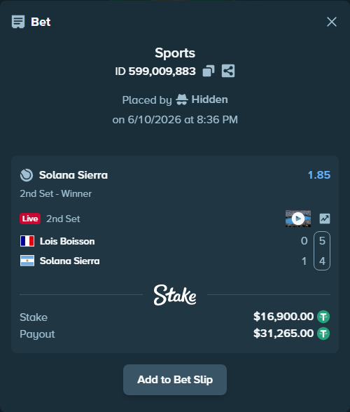 Bet slip: Lois Boisson - Solana Sierra, $16,916.90 stake at 1.85 odds, placed by Hidden