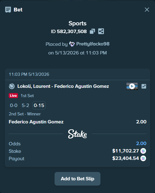 Bet slip: Lokoli, Laurent - Federico Agustin Gomez, $9,172.78 stake at 2.00 odds, placed by Prettylfacko98