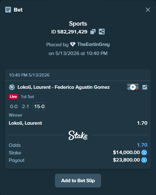 Bet slip: Lokoli, Laurent - Federico Agustin Gomez, $14,000.00 stake at 1.70 odds, placed by TheEarlinGrey