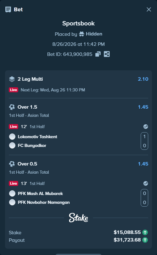 Bet slip: Lokomotiv Tashkent - FC Bunyodkor, $15,088.55 stake at 1.45 odds, placed by Hidden