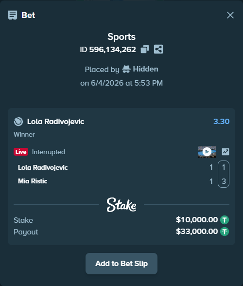 Bet slip: Lola Radivojevic - Mia Ristic, $10,010.00 stake at 3.30 odds, placed by Hidden