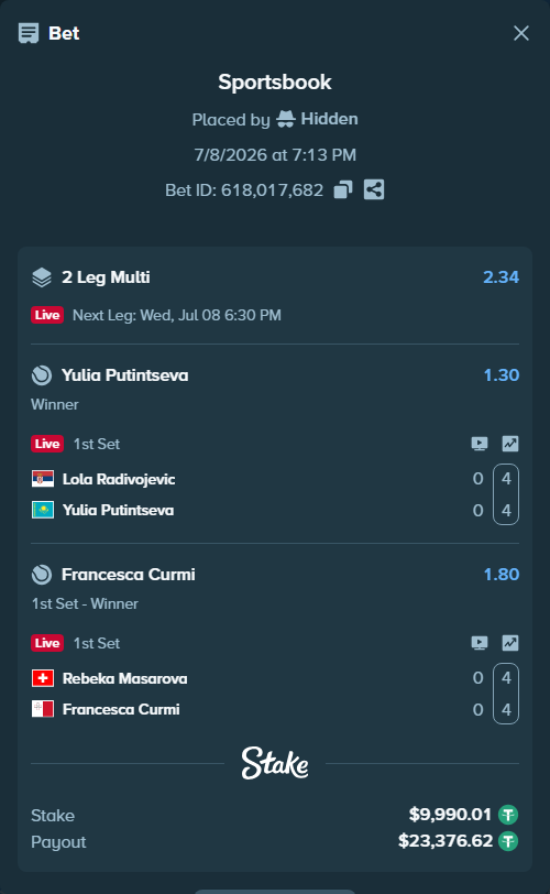 Bet slip: Lola Radivojevic - Yulia Putintseva, $10,000.00 stake at 1.30 odds, placed by Hidden
