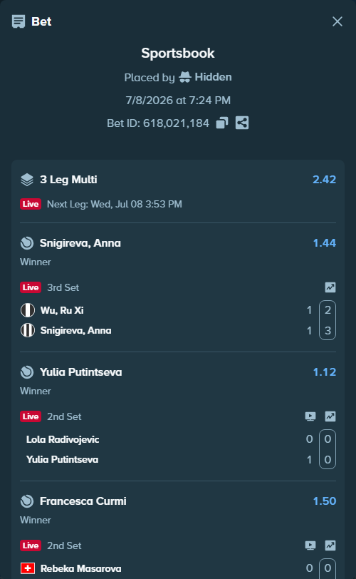 Bet slip: Lola Radivojevic - Yulia Putintseva, $10,000.00 stake at 1.12 odds, placed by Hidden