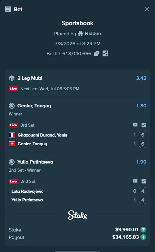 Bet slip: Lola Radivojevic - Yulia Putintseva, $10,000.00 stake at 1.90 odds, placed by Hidden