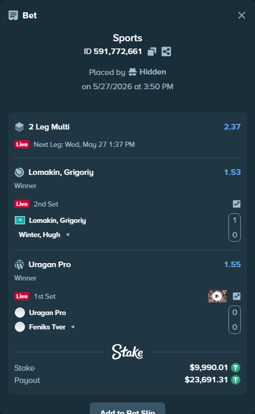 Bet slip: Lomakin, Grigoriy - Winter, Hugh, $10,000.00 stake at 1.53 odds, placed by Hidden