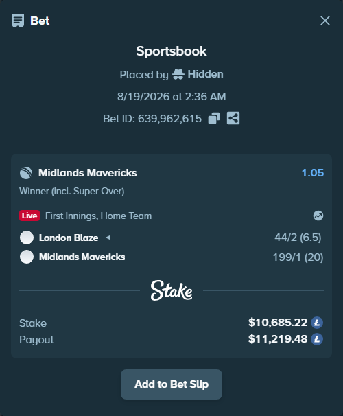 Bet slip: London Blaze - Midlands Mavericks, $10,667.18 stake at 1.05 odds, placed by Hidden