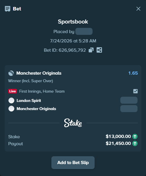 Bet slip: London Spirit - Manchester Super Giants, $13,013.00 stake at 1.65 odds, placed by Asmatrk1054
