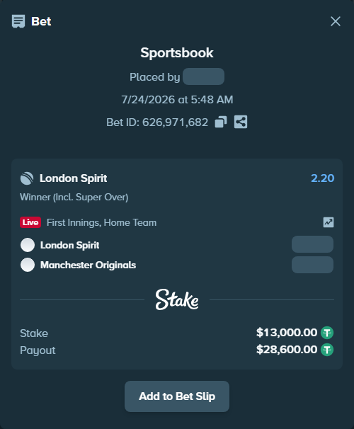 Bet slip: London Spirit - Manchester Super Giants, $13,013.00 stake at 2.20 odds, placed by Asmatrk1054