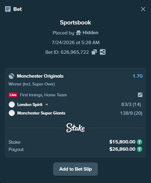 Bet slip: London Spirit - Manchester Super Giants, $15,815.80 stake at 1.70 odds, placed by Hidden