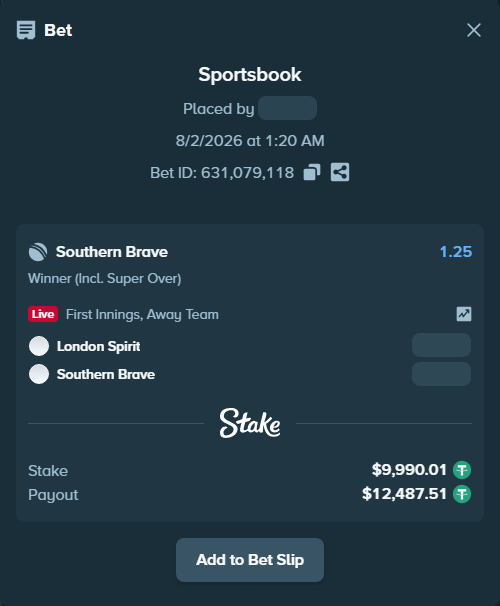 Bet slip: London Spirit - Southern Brave, $10,000.00 stake at 1.25 odds, placed by Raja6457