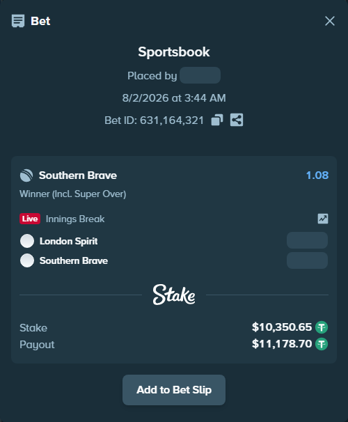 Bet slip: London Spirit - Southern Brave, $10,361.00 stake at 1.08 odds, placed by amitcbtf37