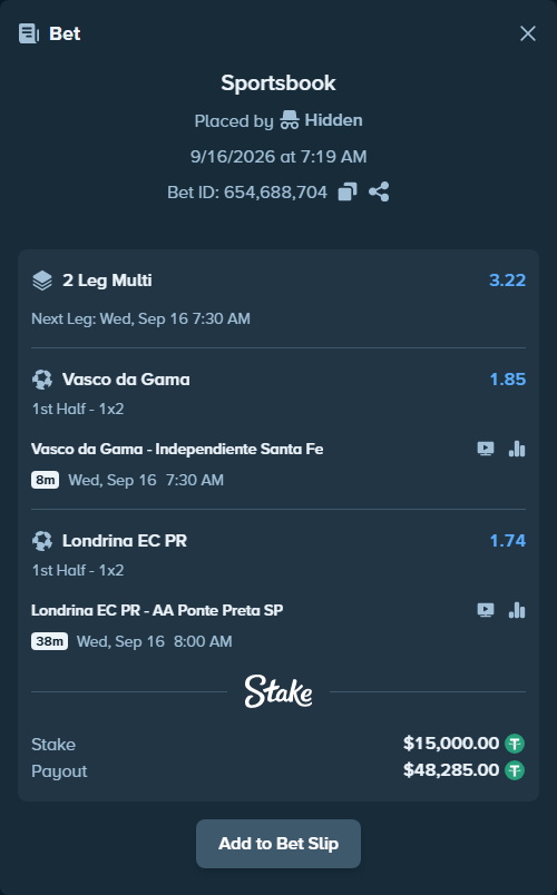 Bet slip: Londrina EC PR - AA Ponte Preta SP, $15,000.00 stake at 1.74 odds, placed by Hidden