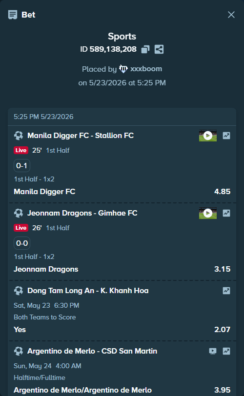 Bet slip: Long An FC - K. Khanh Hoa, $26,628.73 stake at 2.07 odds, placed by xxxboom