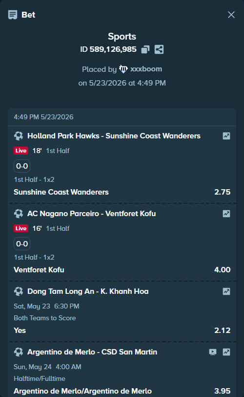 Bet slip: Long An FC - K. Khanh Hoa, $34,511.58 stake at 2.12 odds, placed by xxxboom