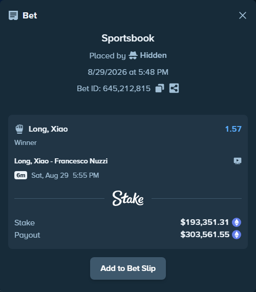 Bet slip: Long, Xiao - Francesco Nuzzi, $193,517.19 stake at 1.57 odds, placed by Hidden