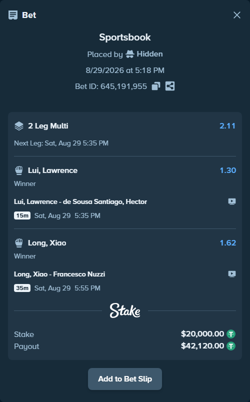 Bet slip: Long, Xiao - Francesco Nuzzi, $20,000.00 stake at 1.62 odds, placed by Hidden