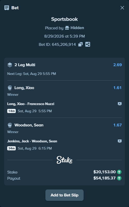 Bet slip: Long, Xiao - Francesco Nuzzi, $20,153.00 stake at 1.61 odds, placed by Hidden