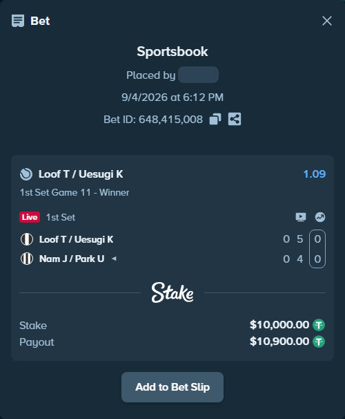 Bet slip: Loof T / Uesugi K - Nam J / Park U, $10,000.00 stake at 1.09 odds, placed by diomancy