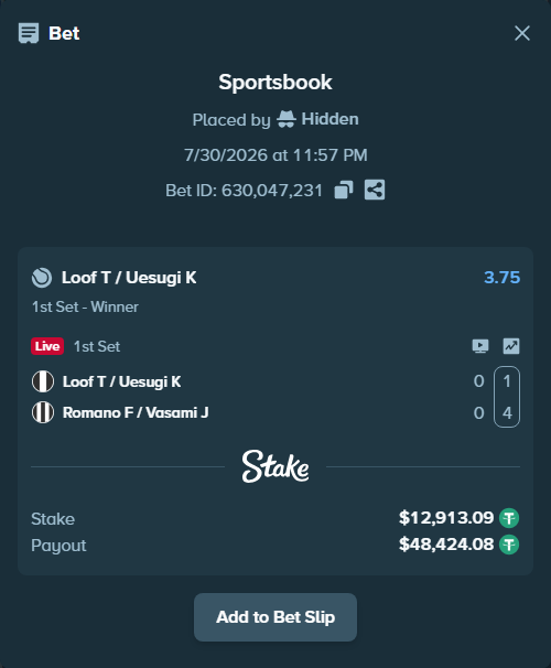 Bet slip: Loof T / Uesugi K - Romano F / Vasami J, $12,926.00 stake at 3.75 odds, placed by Hidden