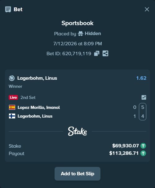 Bet slip: Lopez Morillo, Imanol - Lagerbohm, Linus, $70,000.00 stake at 1.62 odds, placed by Hidden