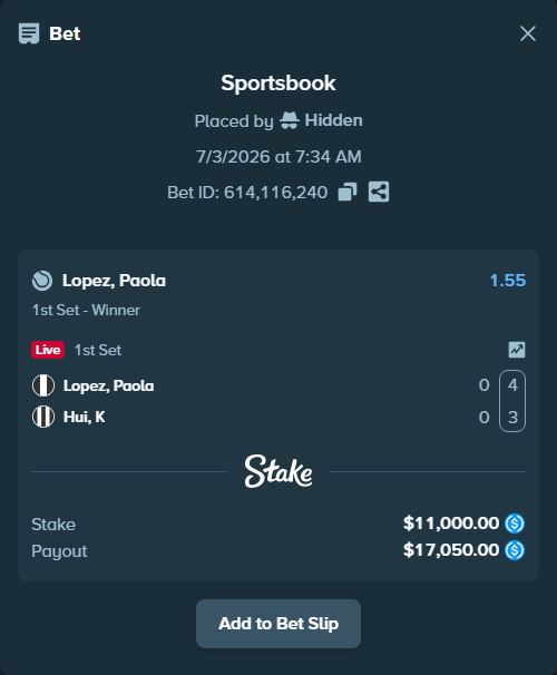 Bet slip: Lopez, Paola - Hui, K, $11,000.00 stake at 1.55 odds, placed by Hidden