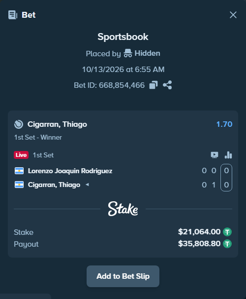 Bet slip: Lorenzo Joaquin Rodriguez - Cigarran, Thiago, $21,085.06 stake at 1.70 odds, placed by Hidden