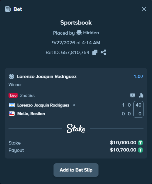 Bet slip: Lorenzo Joaquin Rodriguez - Malla, Bastian, $10,000.00 stake at 1.07 odds, placed by Hidden