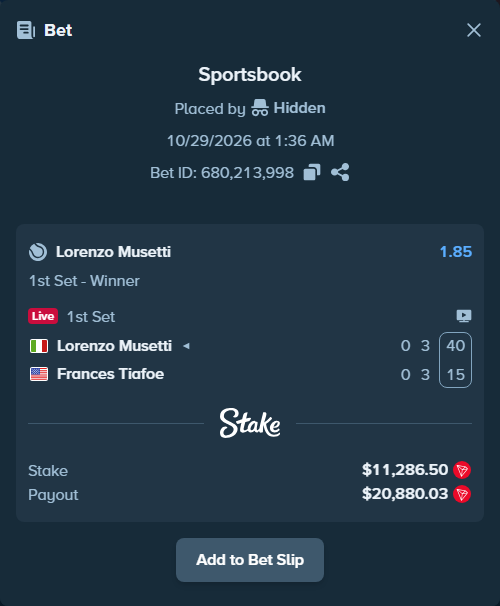 Bet slip: Lorenzo Musetti - Frances Tiafoe, $11,263.14 stake at 1.85 odds, placed by Hidden