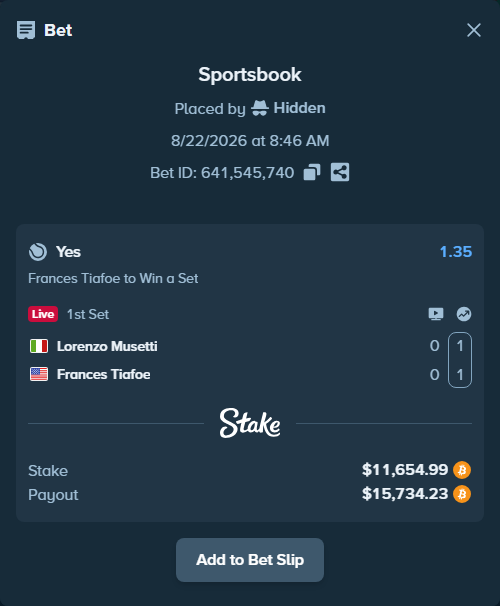 Bet slip: Lorenzo Musetti - Frances Tiafoe, $11,599.08 stake at 1.35 odds, placed by Hidden