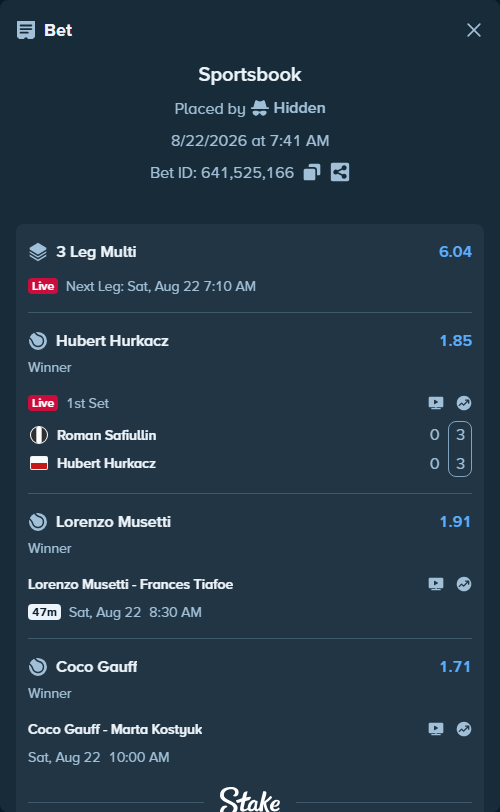 Bet slip: Lorenzo Musetti - Frances Tiafoe, $20,972.87 stake at 1.91 odds, placed by Hidden
