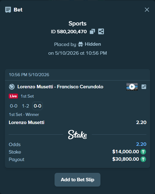 Bet slip: Lorenzo Musetti - Francisco Cerundolo, $14,000.00 stake at 2.20 odds, placed by Hidden