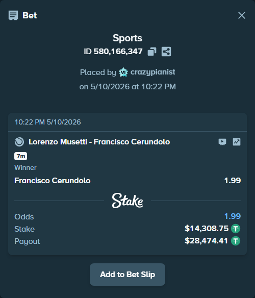 Bet slip: Lorenzo Musetti - Francisco Cerundolo, $14,308.75 stake at 1.99 odds, placed by crazypianist