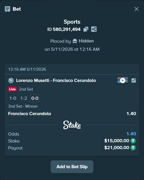 Bet slip: Lorenzo Musetti - Francisco Cerundolo, $15,000.00 stake at 1.40 odds, placed by Hidden