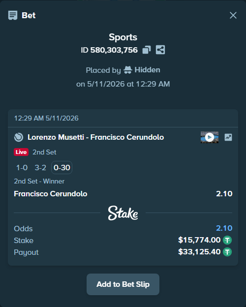 Bet slip: Lorenzo Musetti - Francisco Cerundolo, $15,774.00 stake at 2.10 odds, placed by Hidden