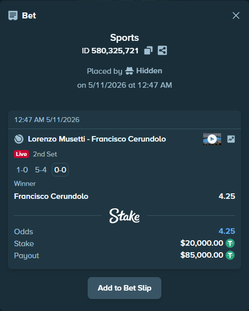 Bet slip: Lorenzo Musetti - Francisco Cerundolo, $20,000.00 stake at 4.25 odds, placed by Hidden