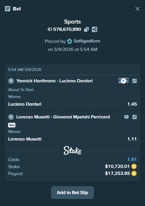 Bet slip: Lorenzo Musetti - Giovanni Mpetshi Perricard, $9,756.40 stake at 1.11 odds, placed by SaftigesKorn