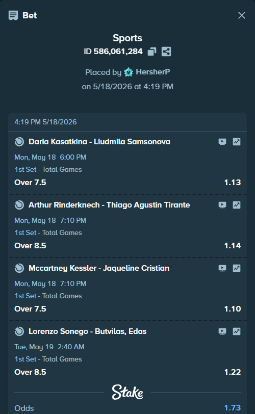 Bet slip: Lorenzo Sonego - Butvilas, Edas, $25,025.00 stake at 1.22 odds, placed by HersherP