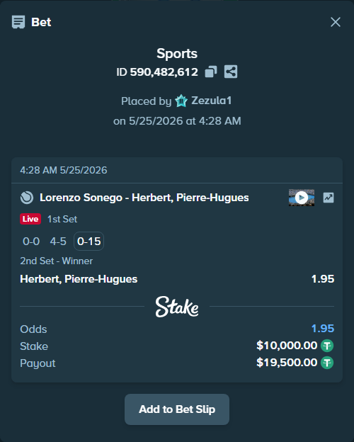 Bet slip: Lorenzo Sonego - Herbert, Pierre-Hugues, $10,000.00 stake at 1.95 odds, placed by Zezula1