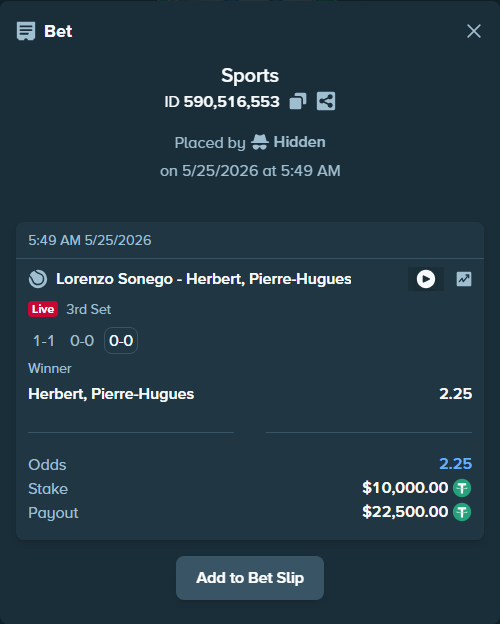 Bet slip: Lorenzo Sonego - Herbert, Pierre-Hugues, $10,000.00 stake at 2.25 odds, placed by Hidden