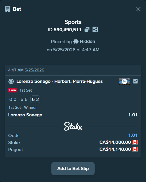 Bet slip: Lorenzo Sonego - Herbert, Pierre-Hugues, $10,360.00 stake at 1.01 odds, placed by Hidden