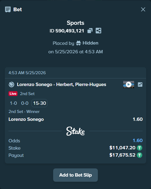 Bet slip: Lorenzo Sonego - Herbert, Pierre-Hugues, $11,047.20 stake at 1.60 odds, placed by Hidden