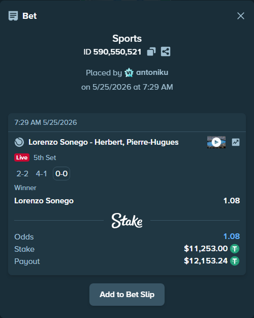 Bet slip: Lorenzo Sonego - Herbert, Pierre-Hugues, $11,253.00 stake at 1.08 odds, placed by antoniku