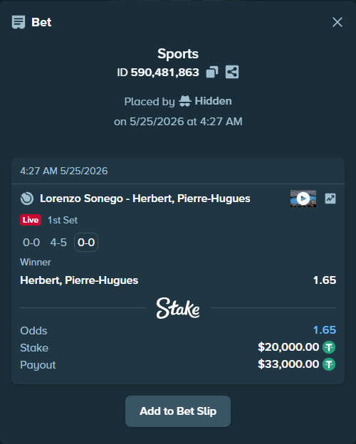 Bet slip: Lorenzo Sonego - Herbert, Pierre-Hugues, $20,000.00 stake at 1.65 odds, placed by Hidden