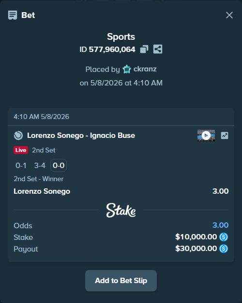 Bet slip: Lorenzo Sonego - Ignacio Buse, $10,000.00 stake at 3.00 odds, placed by ckranz
