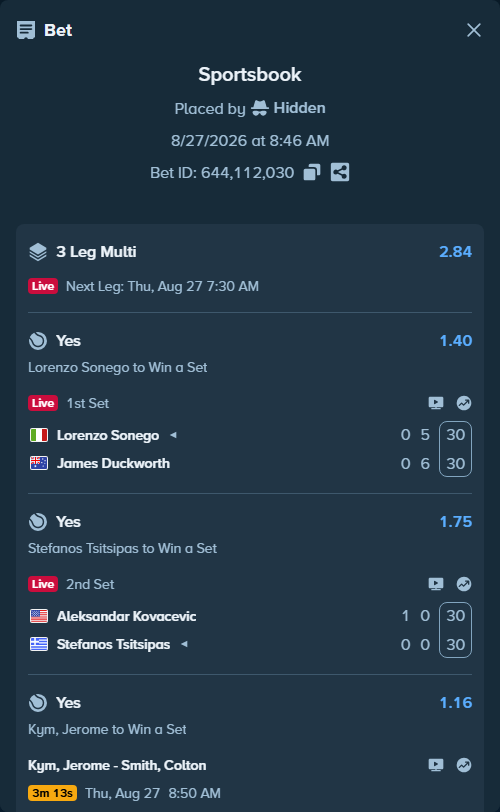 Bet slip: Lorenzo Sonego - James Duckworth, $11,680.89 stake at 1.40 odds, placed by Hidden