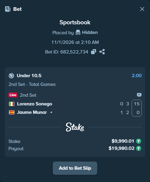 Bet slip: Lorenzo Sonego - Jaume Munar, $10,000.00 stake at 2.00 odds, placed by Hidden