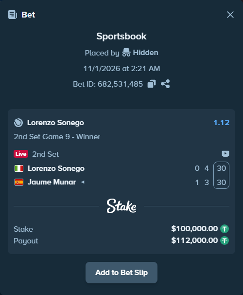 Bet slip: Lorenzo Sonego - Jaume Munar, $100,100.00 stake at 1.12 odds, placed by Hidden
